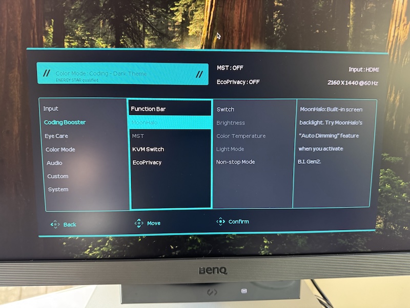 Photo of the full settings panel when the center button on the bottom of the Function Bar is pressed