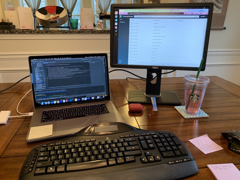 Photo of initial, humble, work from home setup at the dining room table