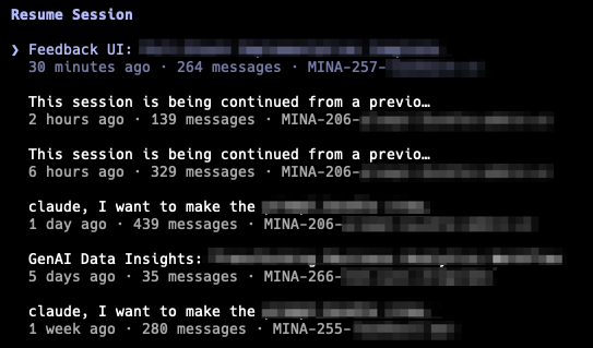 A list of options available when resuming a conversation in Claude Code