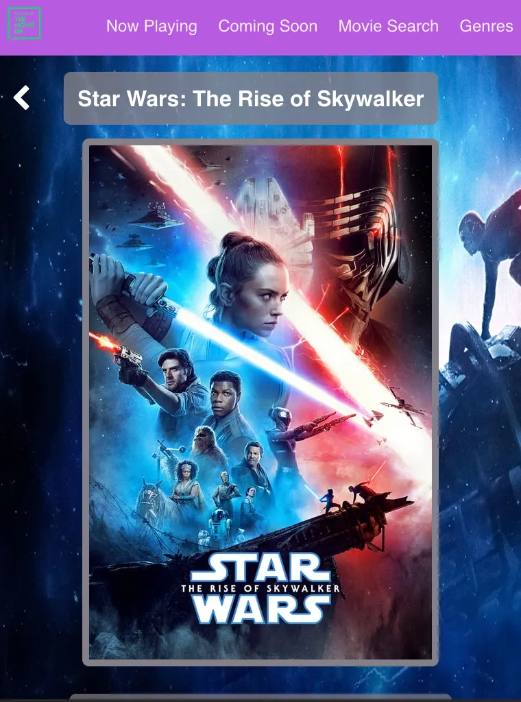 Screenshot of movie details page on tablet showing title, poster, details, and reviews