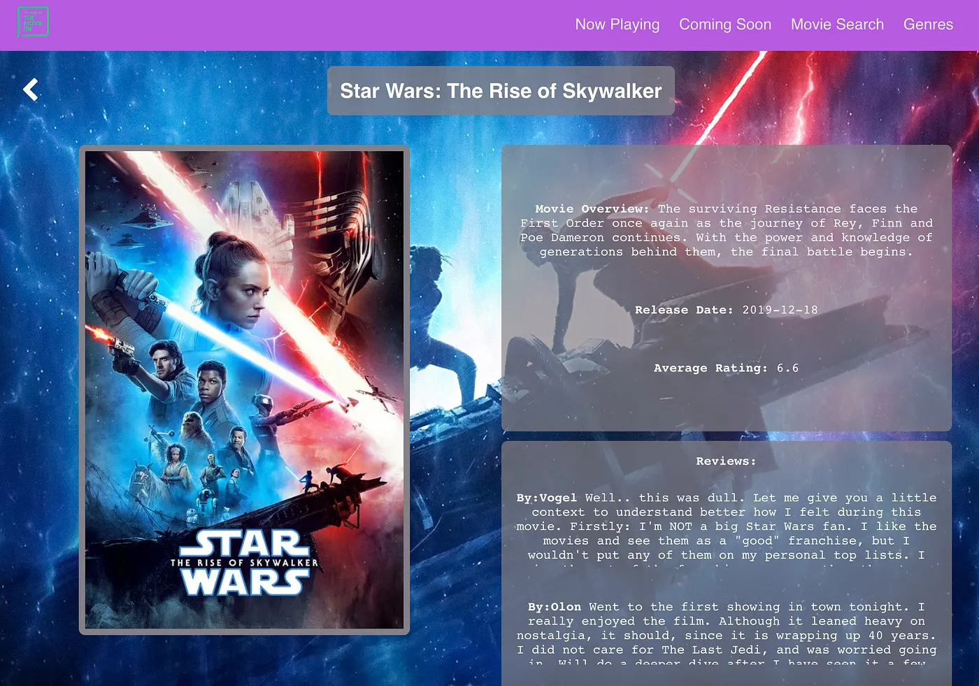 Screenshot of movie details page on desktop showing title, poster, details, and reviews