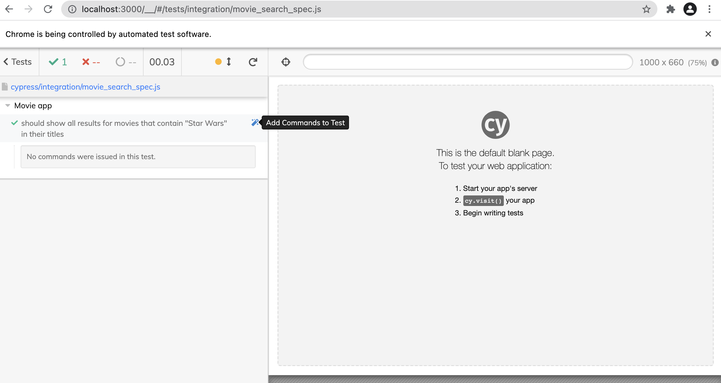 Click the blue magic wand to enable Cypress Studio mode