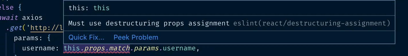 ESLint destructuring props error message in VS Code
