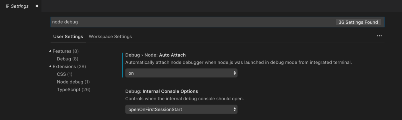 Node debug in VS Code settings