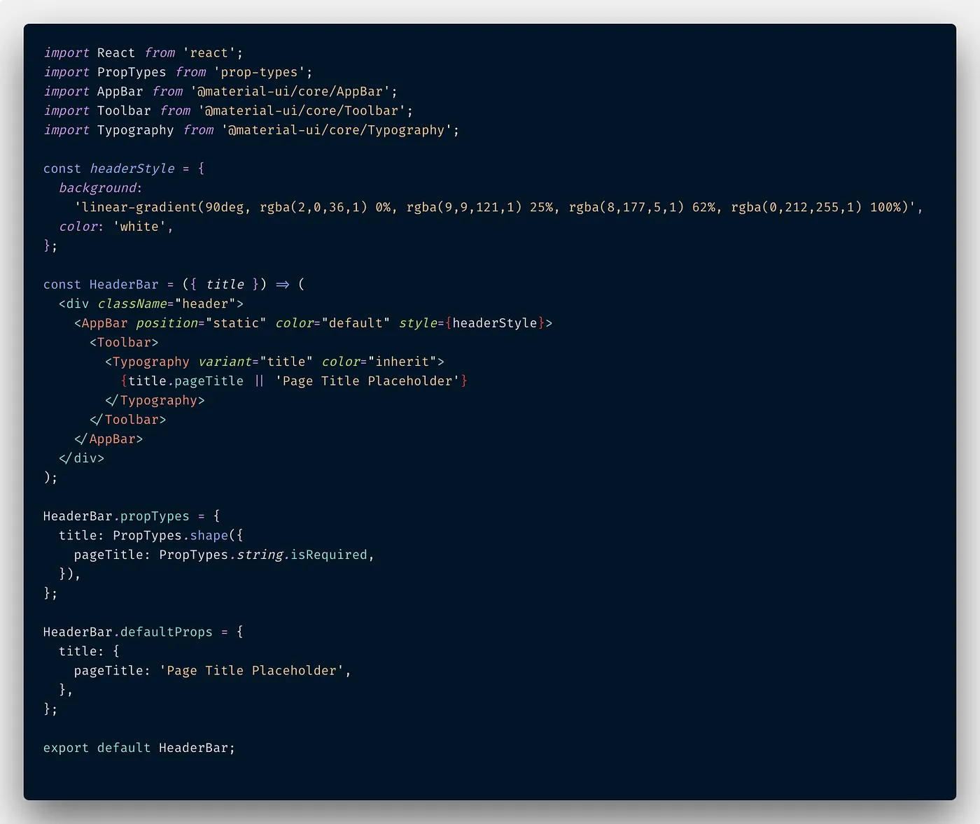Code snippet of the header bar after fixing the ESLint errors