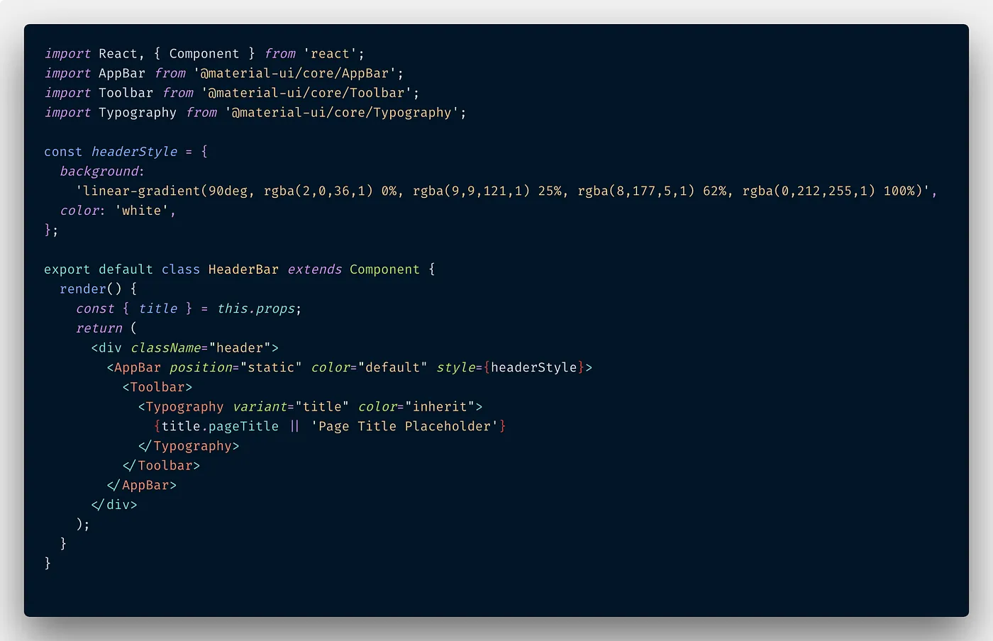 Code snippet of the header bar component, no ESLint yet