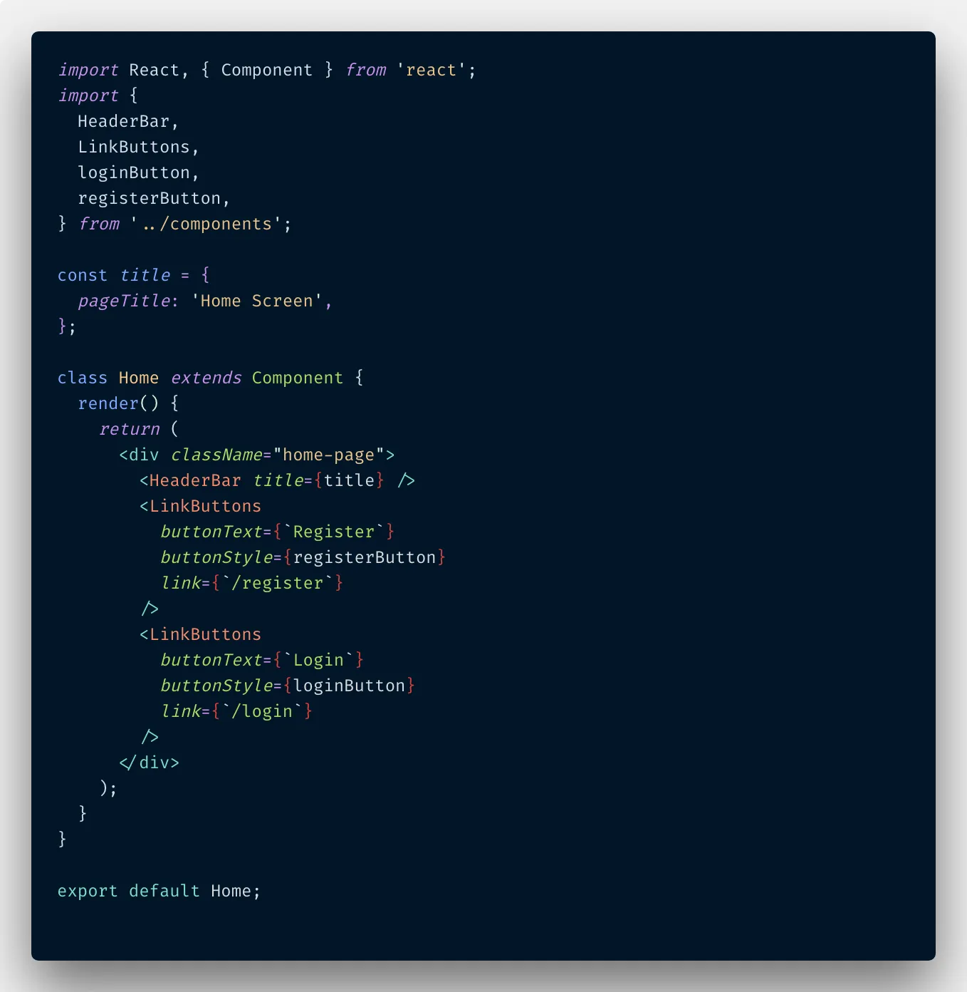 Code snippet of the home page, no ESLint yet