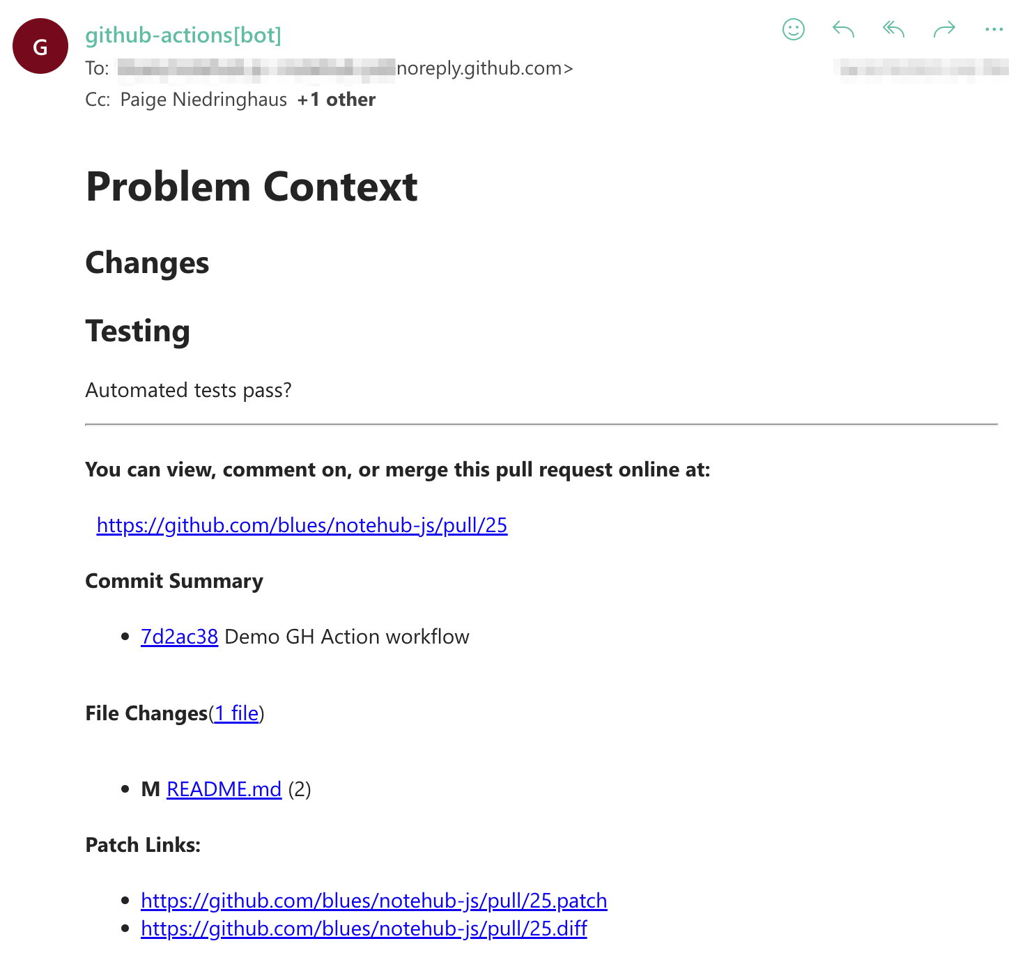 Notification email from GitHub to review the newly created PR