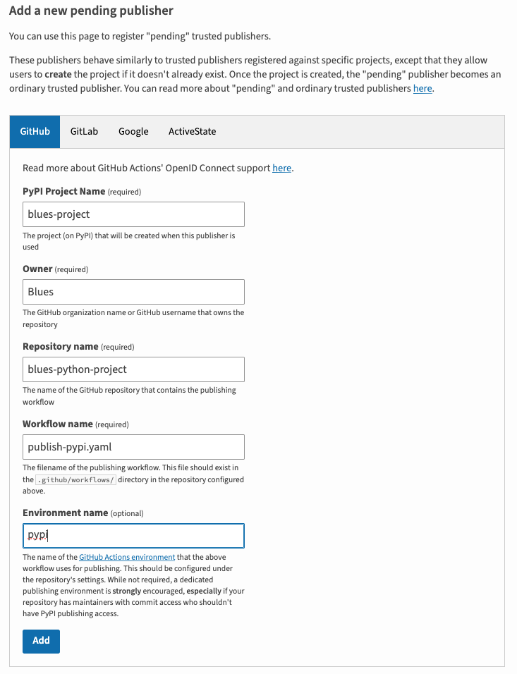 Setting up trusted publishing to PyPI project