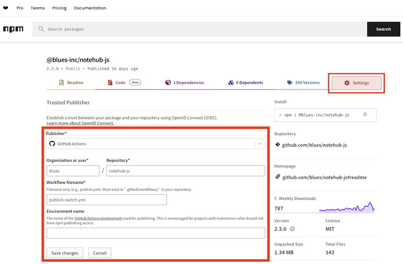 Screenshot of how to fill out Trusted Publisher section inside npm project's settings