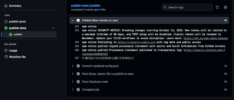 Screenshot of success of Publish Beta Version to npm in GH Action Workflow