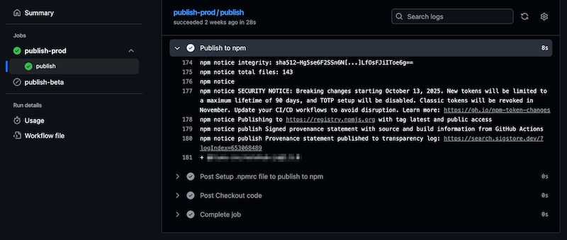 Screenshot of success of Publish Prod Version to npm in GH Action Workflow