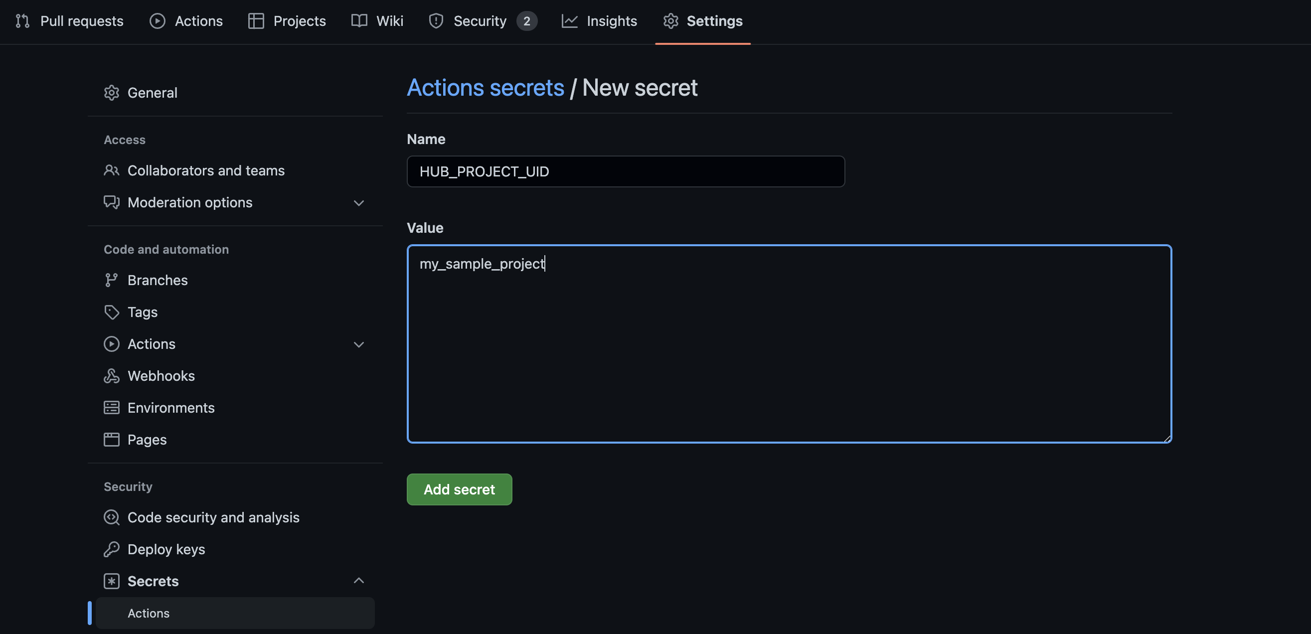 Set new secret in GitHub repo