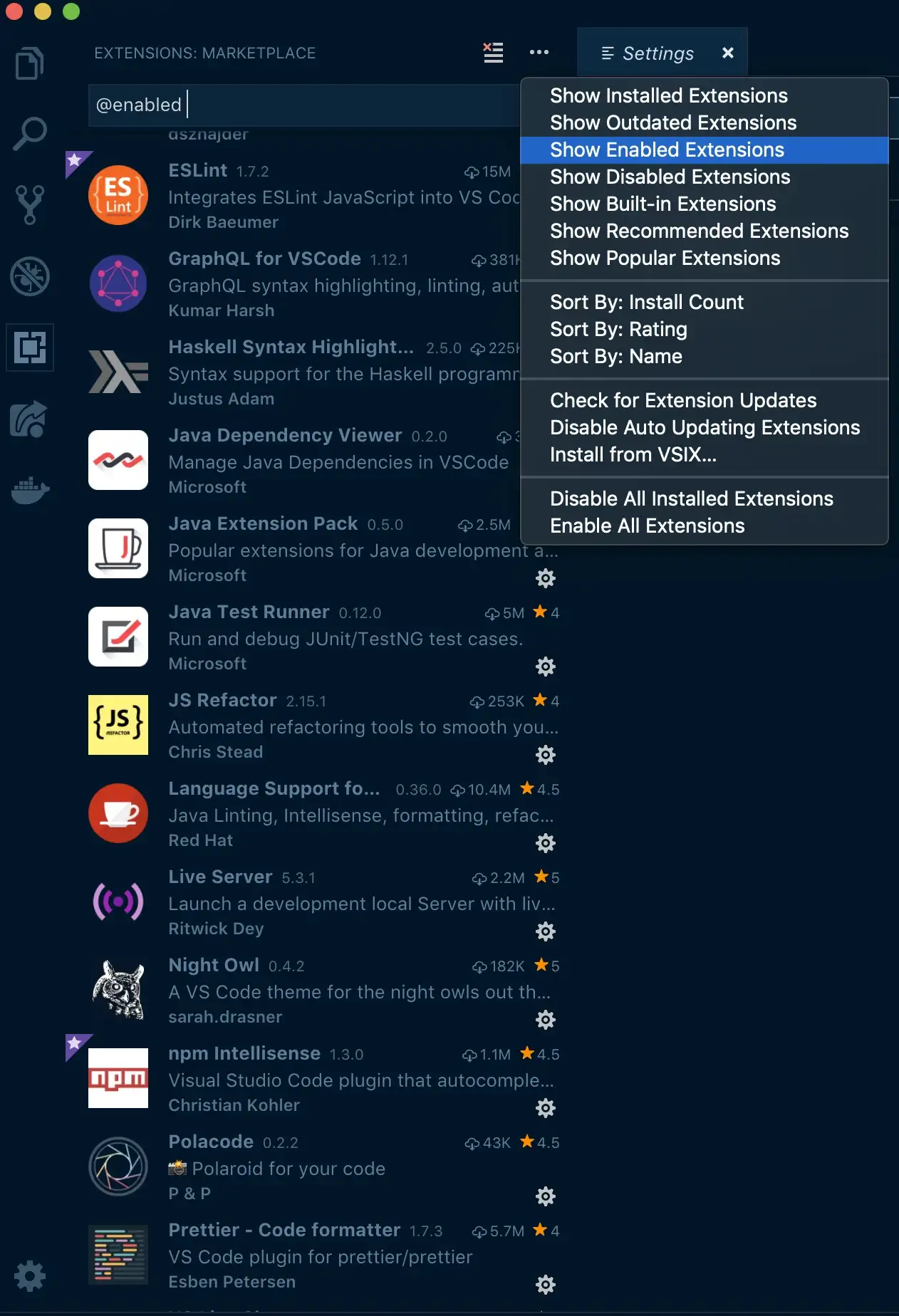 Show installed VS Code extensions