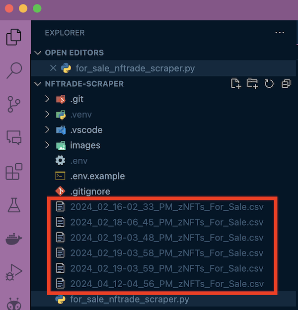 CSVs being generated in local NFT scraper repo