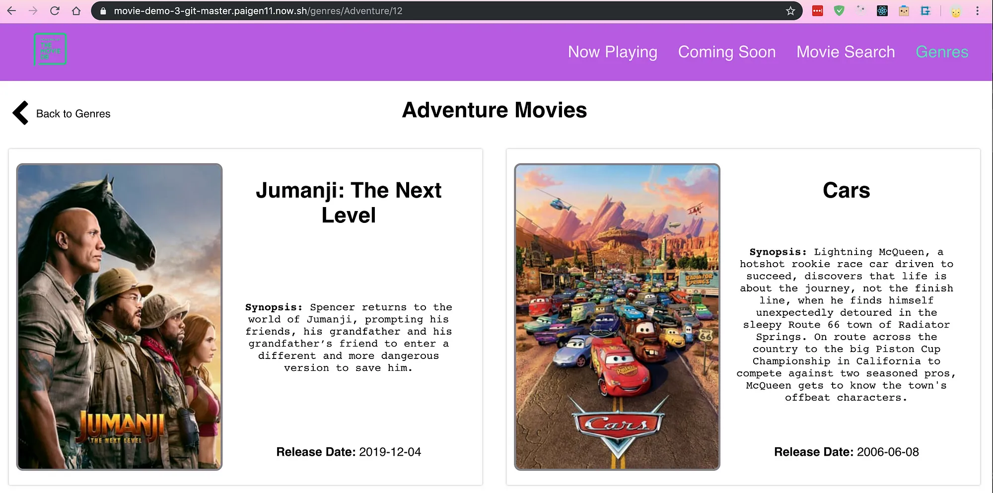 Movie demo project screen showing adventure movies