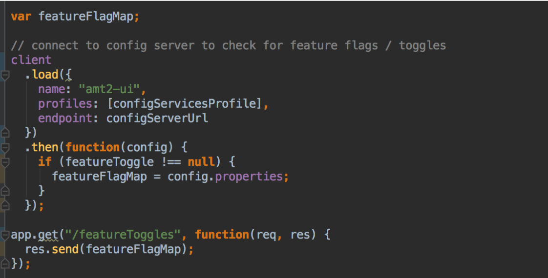 Node code connecting to config server and checking for feature toggles