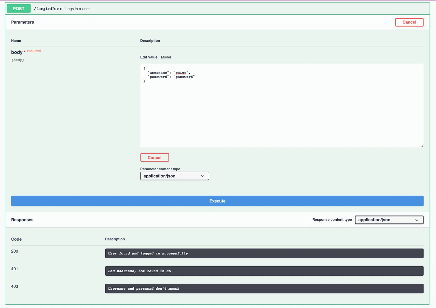 Swagger registerUser route