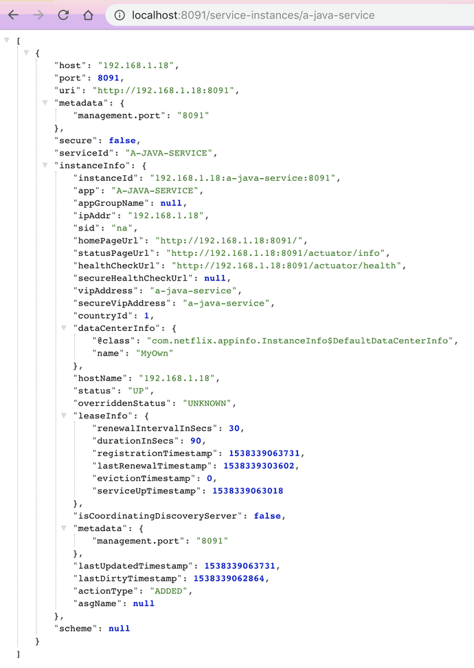 JSON data from the Java microservice