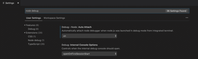 Node debug in VS Code settings