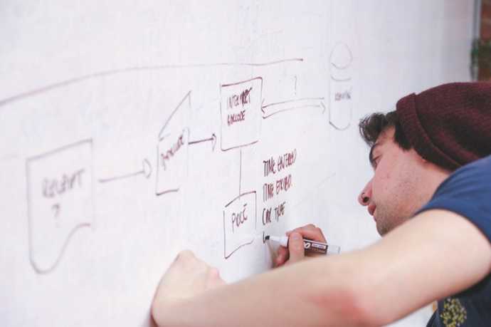 a programmer diagramming pseudo-code on a whiteboard