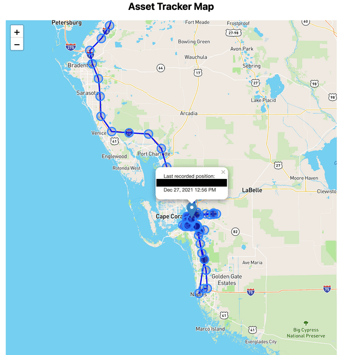 React-Leaflet map rendering the asset tracker's location