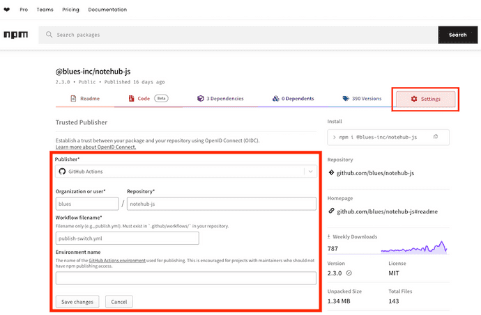 Screenshot of how to fill out Trusted Publisher section inside npm project's settings