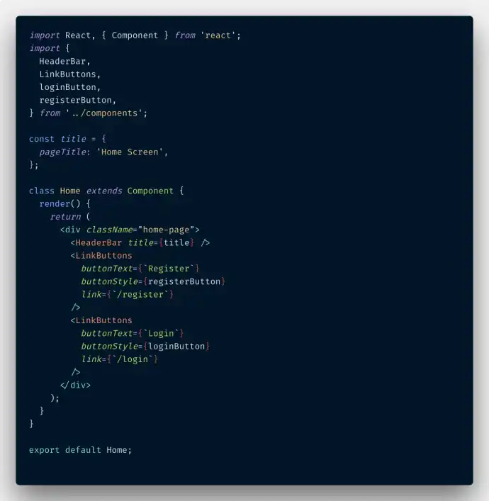 Code snippet of the home page, no ESLint yet