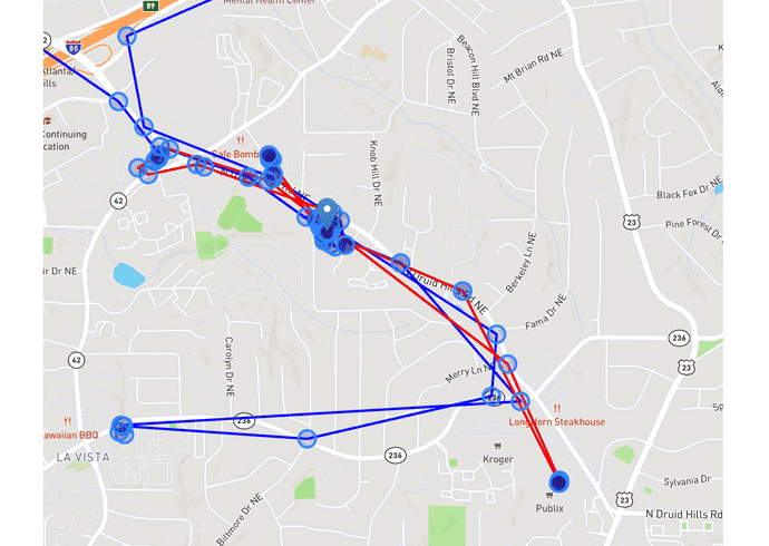 Map displaying SOS mode lines in addition to normal tracking lines