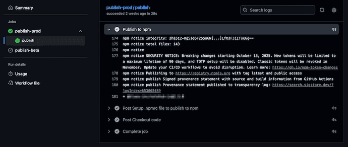 Screenshot of success of Publish Prod Version to npm in GH Action Workflow