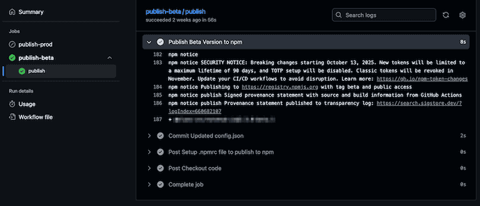 Screenshot of success of Publish Beta Version to npm in GH Action Workflow