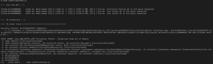 Console output when Node program ran out of memory and crashed