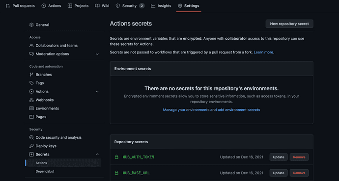 GitHub Secrets Actions page