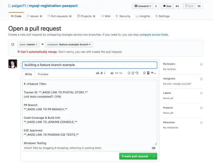 Screenshot of what a new PR in GH looks like when there's a GitHub PR template in the project
