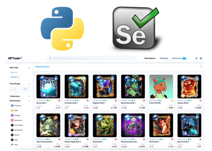 Python logo, Selenium Python logo, NFTrade site