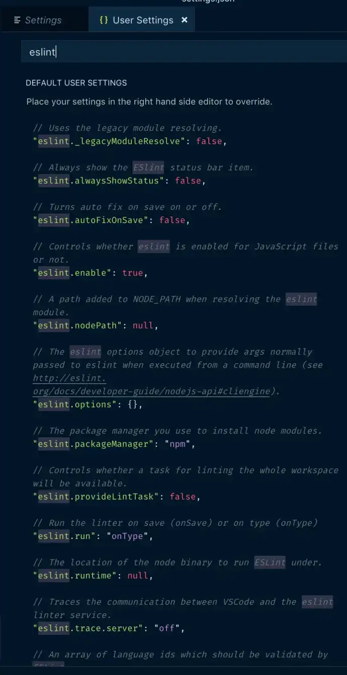 Default ESLint settings in VS Code