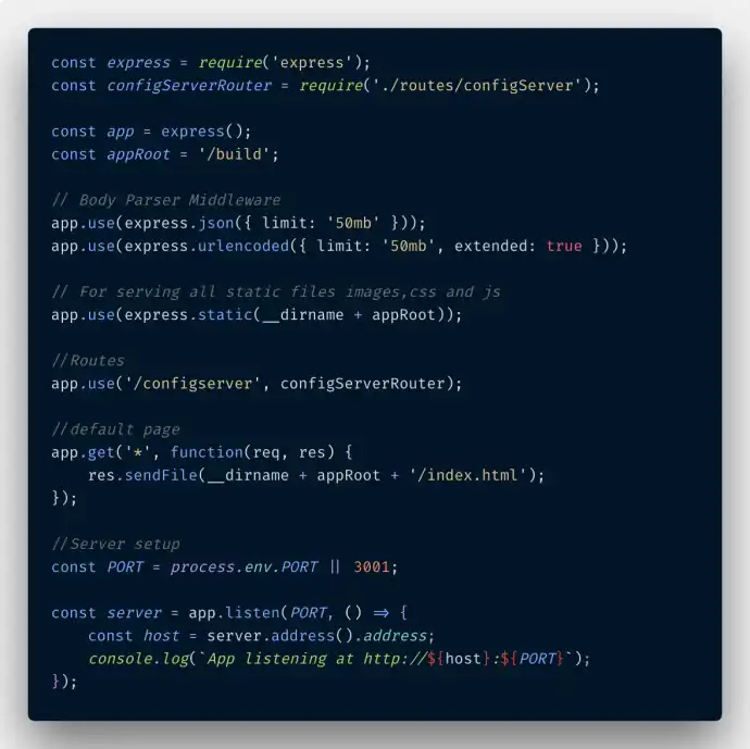 Node server.js file code to access config server route