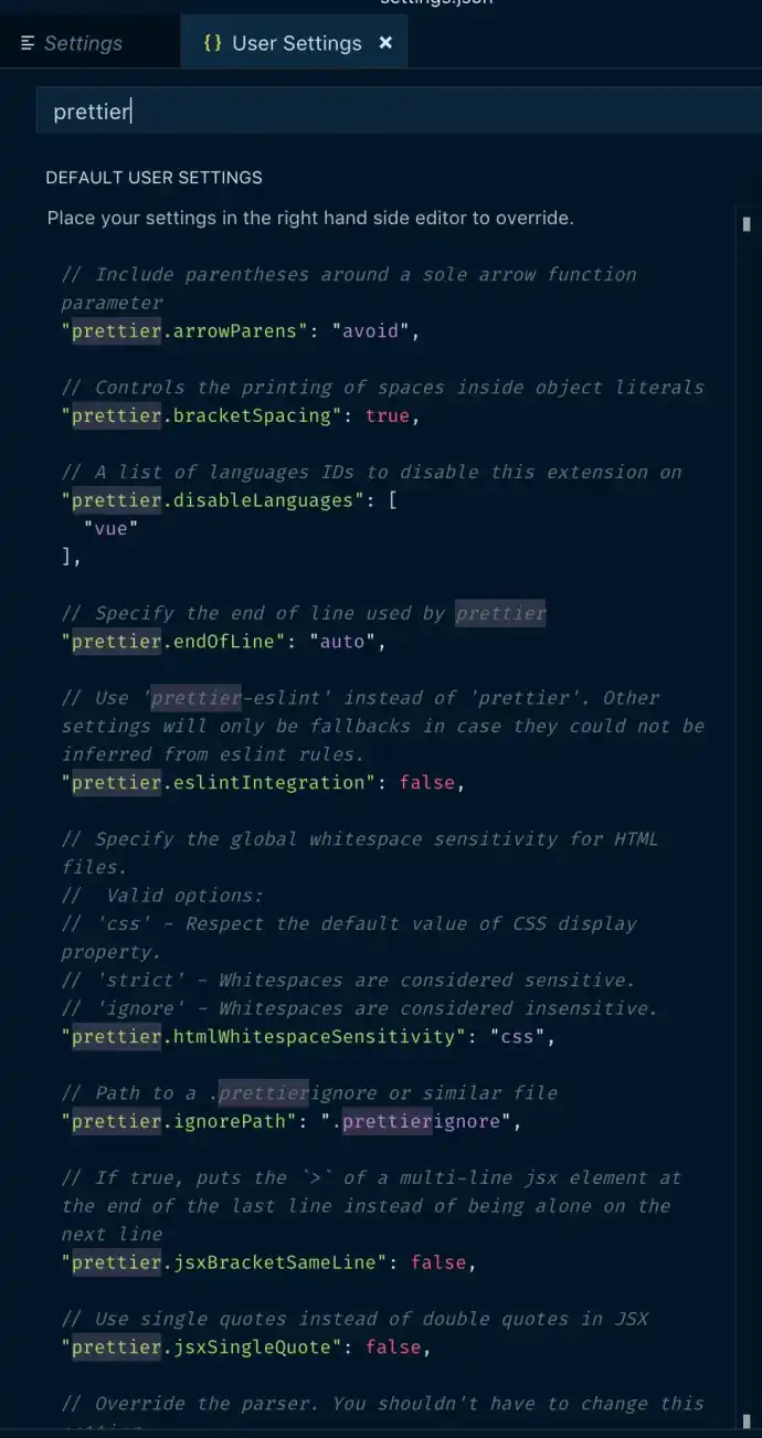 Default Prettier settings in VS Code