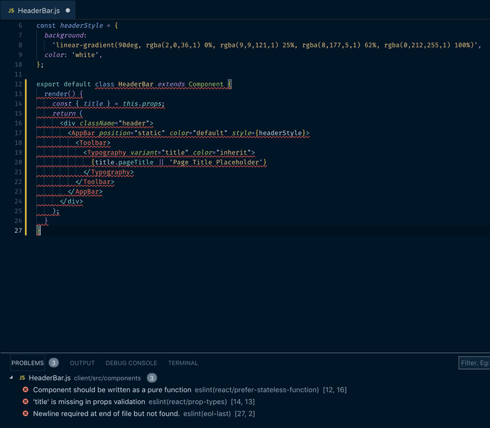 Code snippet of the header bar - the whole thing is an ESLint error