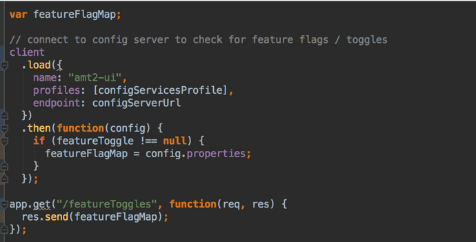 Node code connecting to config server and checking for feature toggles