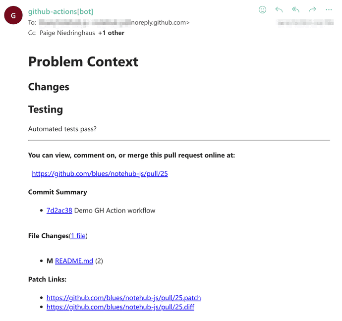 Notification email from GitHub to review the newly created PR